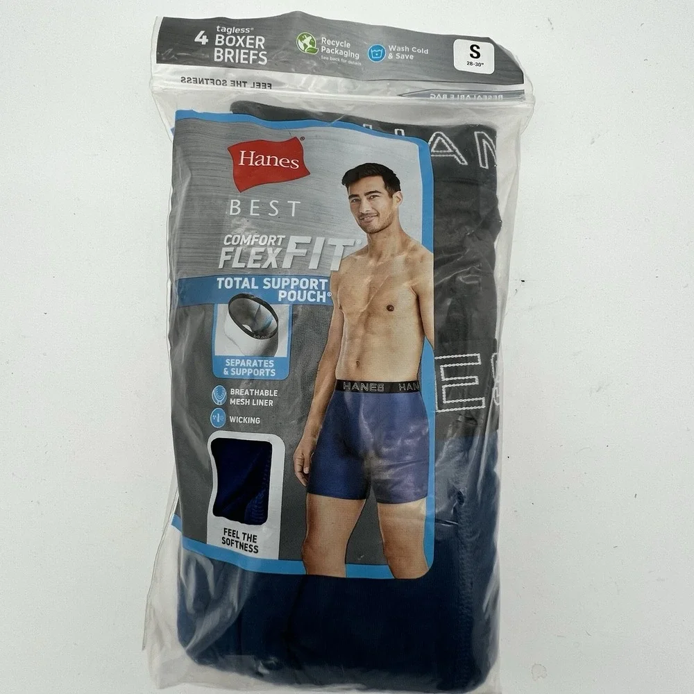 Hanes Men 4 Pack Total Support Pouch Boxer Brief Underwear Small Black Grey Blue